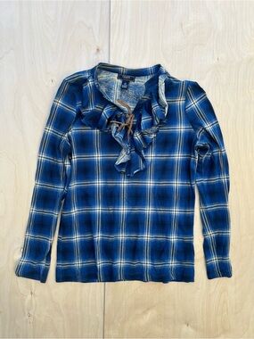 Chaps Blue Plaid Lace-Up Ruffle Top